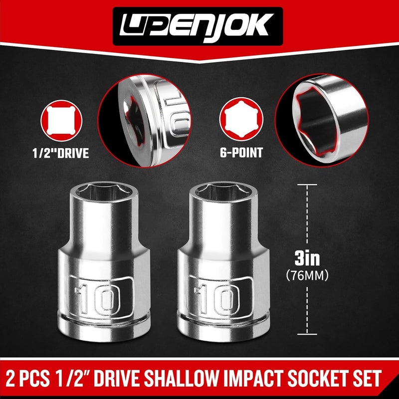 Upenjok 2PCS 1/2" Drive 10mm Socket Set, Shallow, Mirror Finish, Cr-V Steel, 6-Point - Image 2